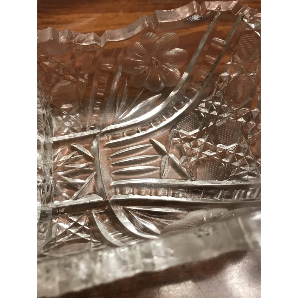 Vintage cut glass relish‎ Dish floral design Sawtooth Divided 8 In